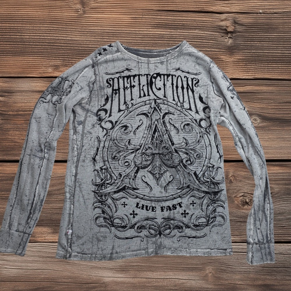 Affliction Reversible Thermal Shirt Men's Medium Black Gray Raw Edges Y2K MMA